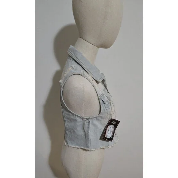 Denim Trucker Style Vest Womens Small Distressed Button Front Sleeveless Y2K New - Picture 15 of 16